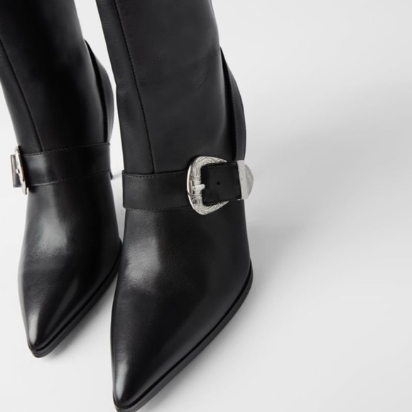 Zara Leather Cowboy Heeled Boots with Buckle – black, women’s 39/8 - Picture 2 of 7